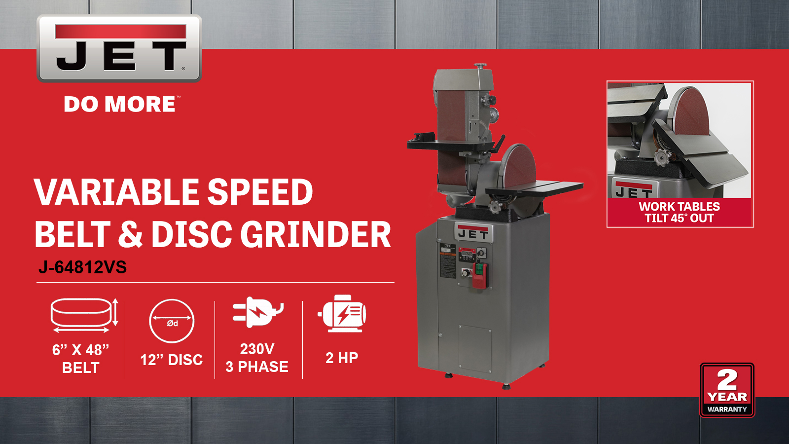 6" x 48" Vari.-Speed Belt & 12" Disc Finishing/Grinding , 2HP, 230V 3PH(J-64812VS)
