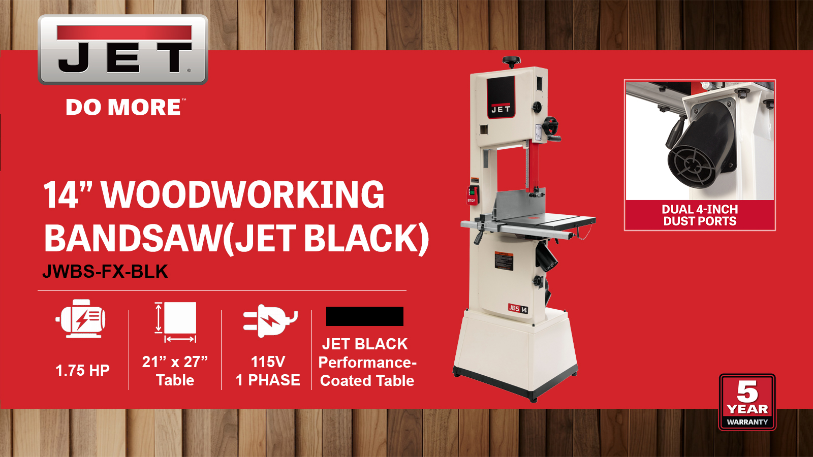 14" Black Bandsaw, 1.75HP, 115/230V 1PH(JWBS-14SFX-BLK)