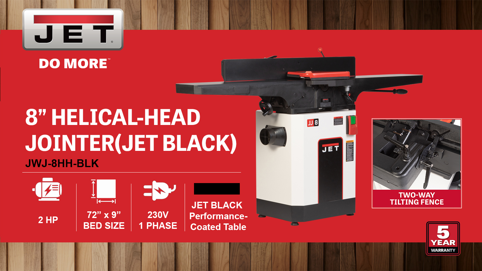 8"  Black Helical Head Jointer, 2HP, 230V 1PH(JWJ-8HH-BLK)
