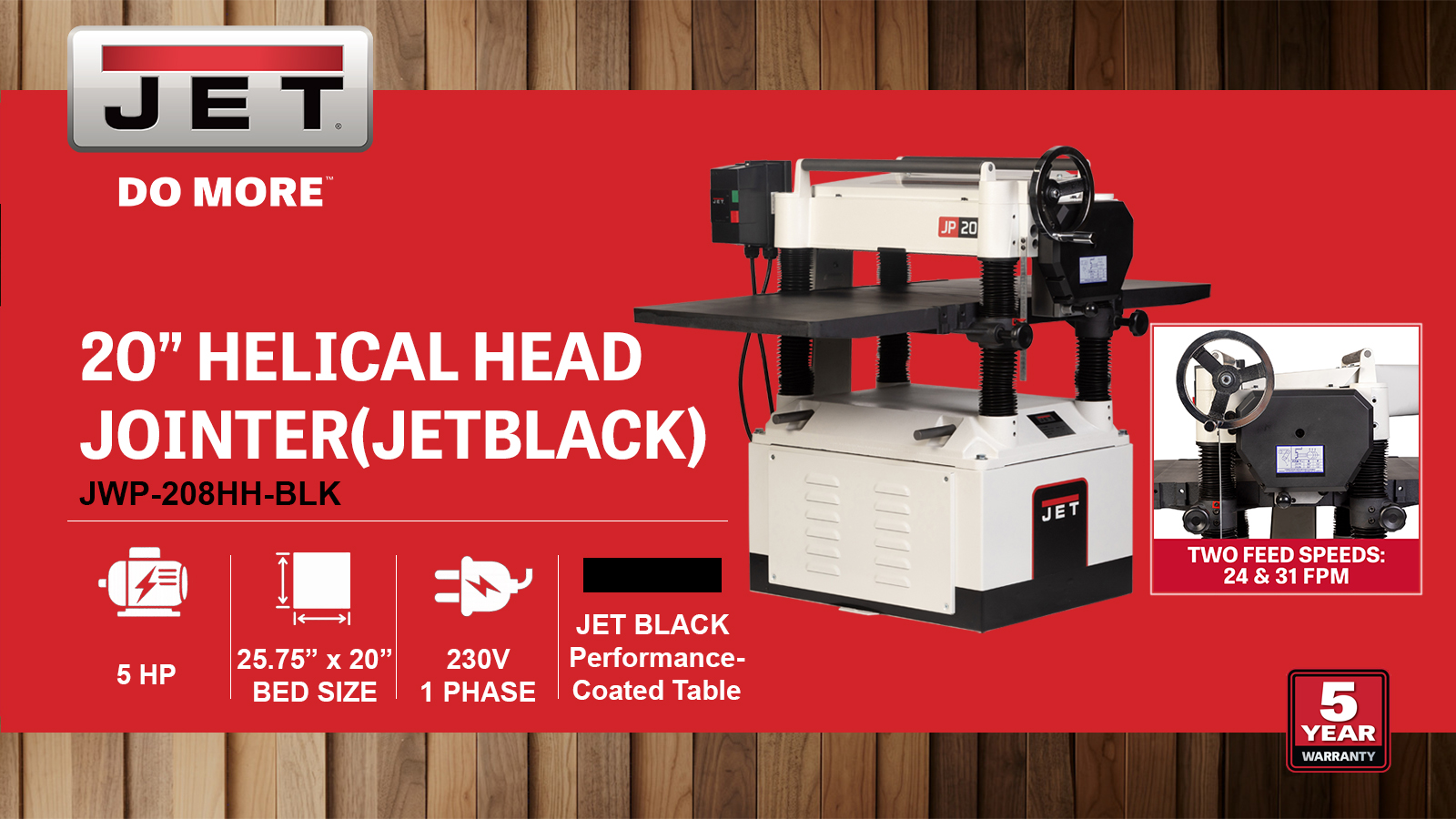 20" Black Helical Head Planer, 5HP, 230V 1PH(JWP-208HH-BLK)