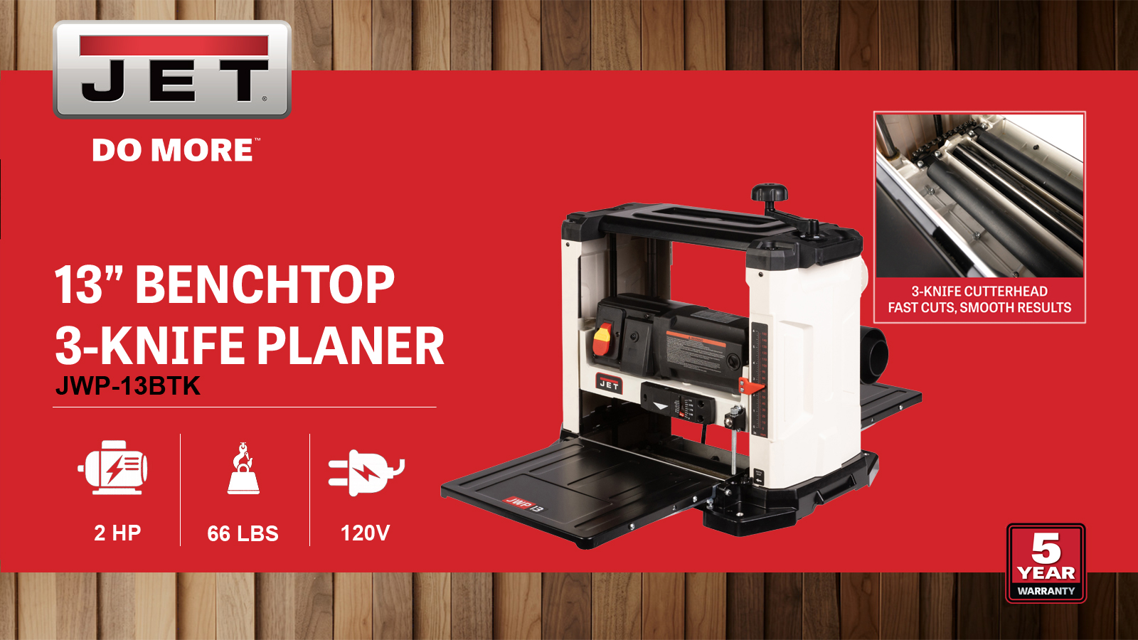 13" Benchtop 3-Knife Planer, 2HP, 120V 1PH(JWP-13BTK)