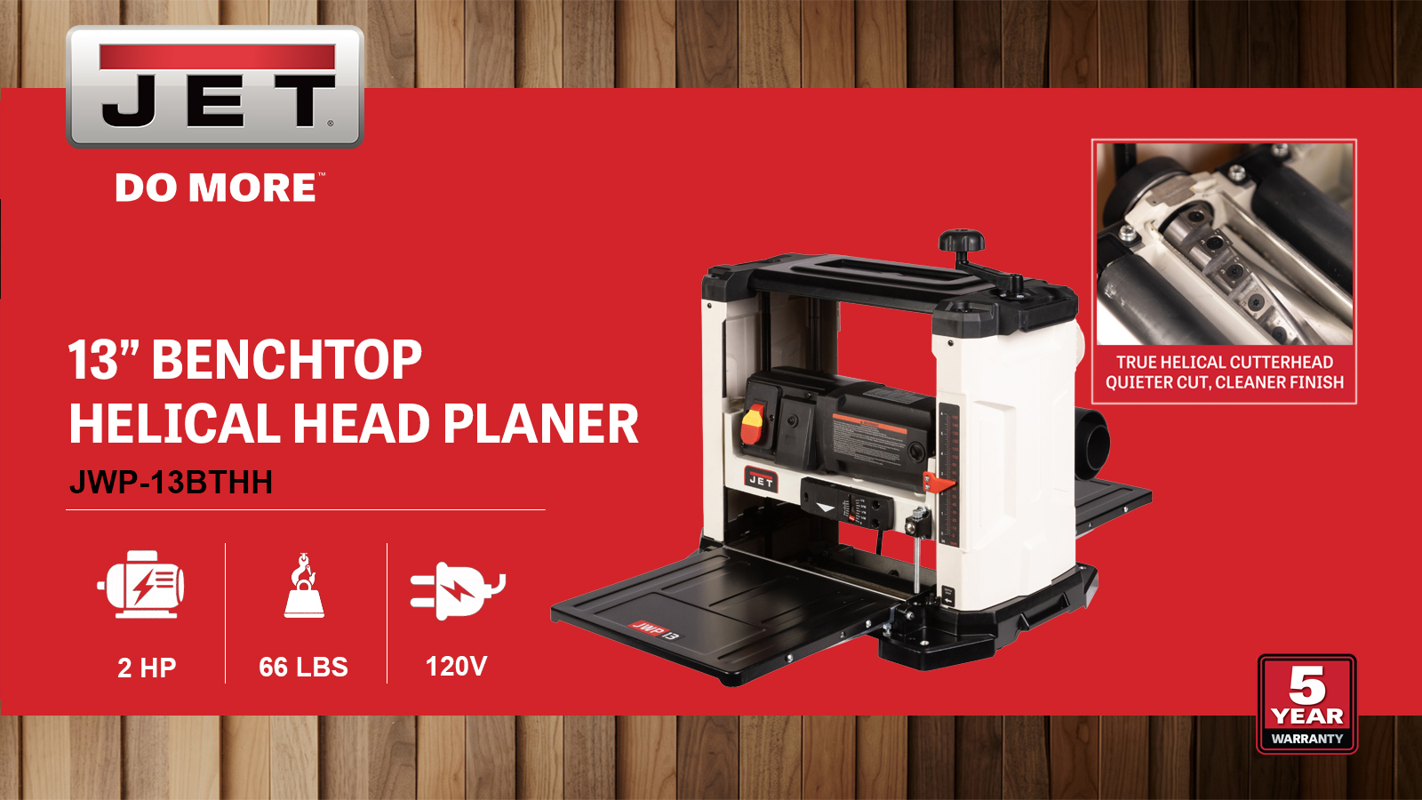 13" Benchtop Helical Head Planer, 2HP, 120V 1PH(JWP-13BTHH)