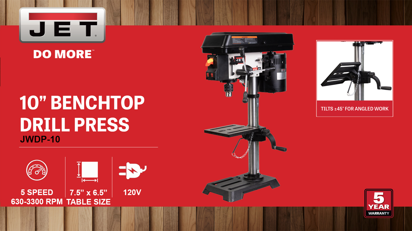 10" Benchtop Drill Press, 0.33HP, 120V 1PH (JWDP-10)