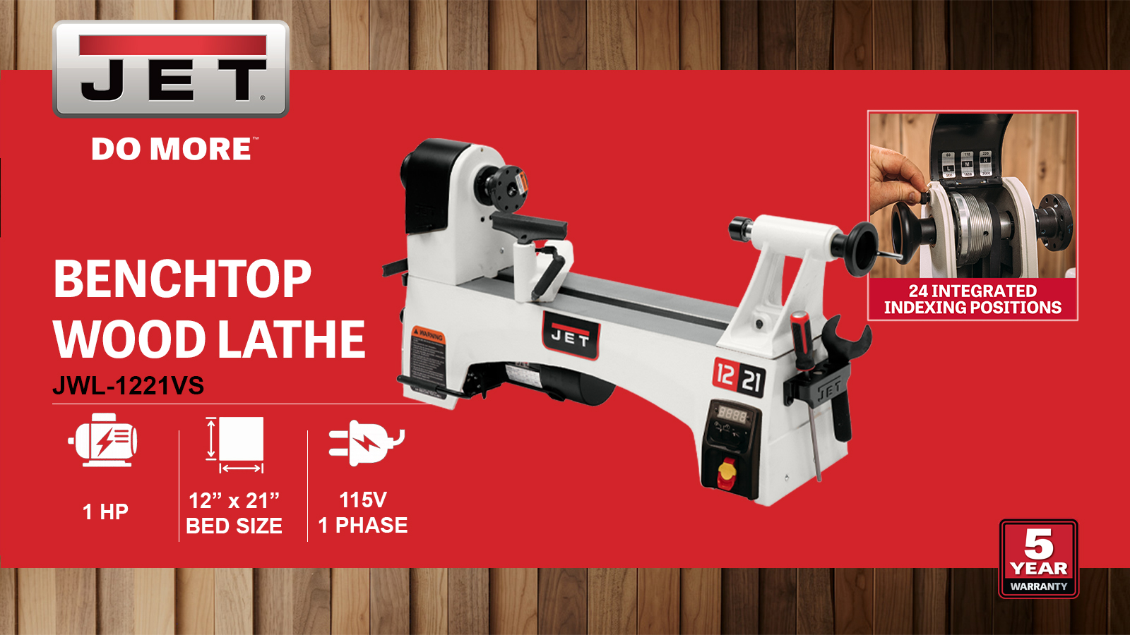 12" x 21" Vari. Speed Wood Lathe, 1HP, 115V 1PH(JWL-1221VS)