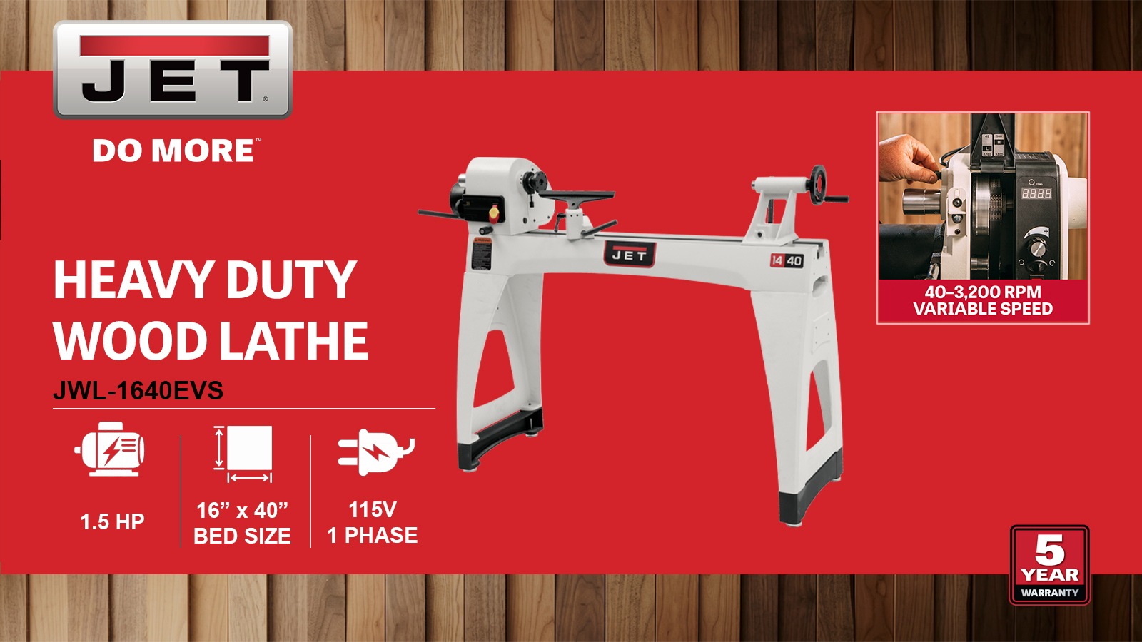 16" x 40". Wood Lathe, 1.5HP, 115V 1PH(JWL-1640EVS)