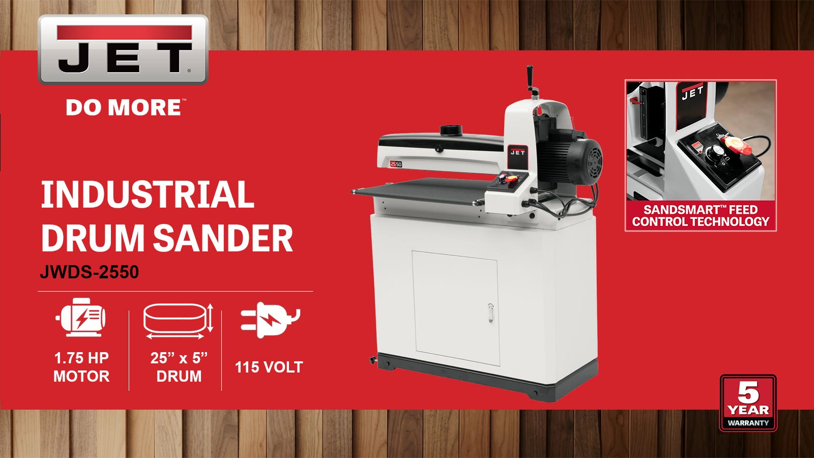 25" Drum Sander w/ Closed Stand, 10 FPM, 1.75HP, 115V 1PH(JWDS-2550)
